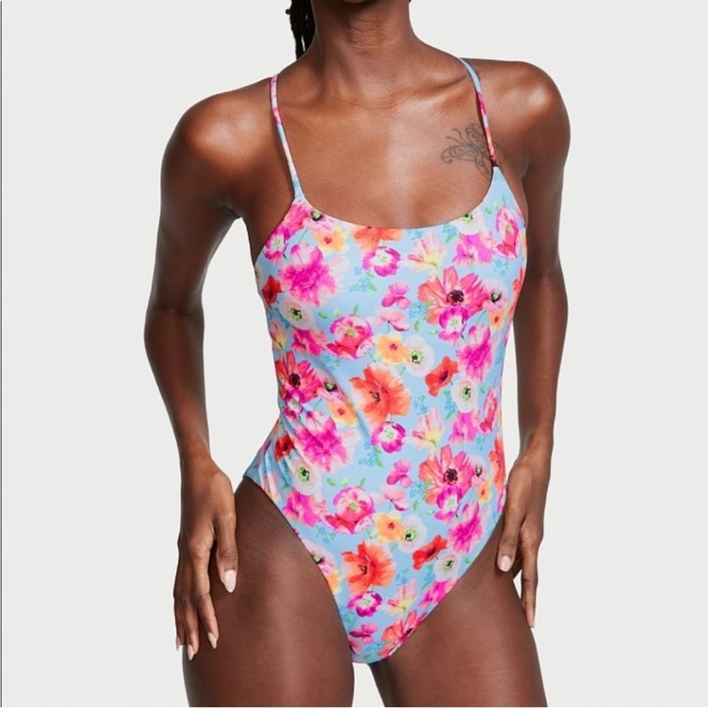 VICTORIAS SECRET ONE PIECE STRAPPY SWIM SUIT BLUE FLORAL SIZE XL Open Back
